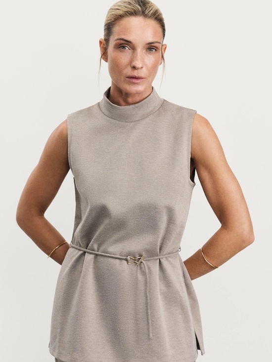 Zara Tops - NWT ZARA Taupe Sleeveless Mock Neck Tunic Top Tie Waist Side Slits Size L